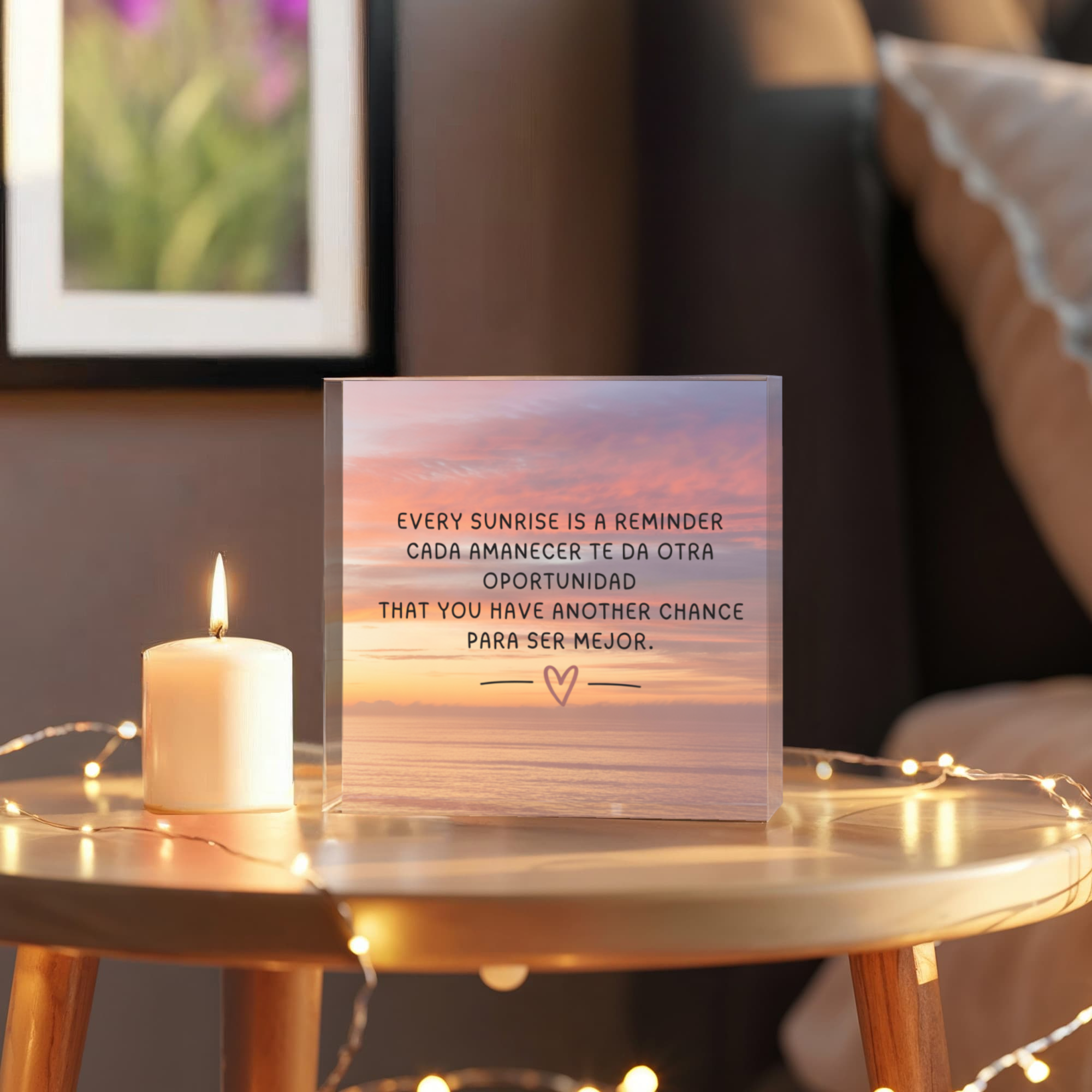 “Every Sunrise Cada Amanecer bilingual acrylic block on white background