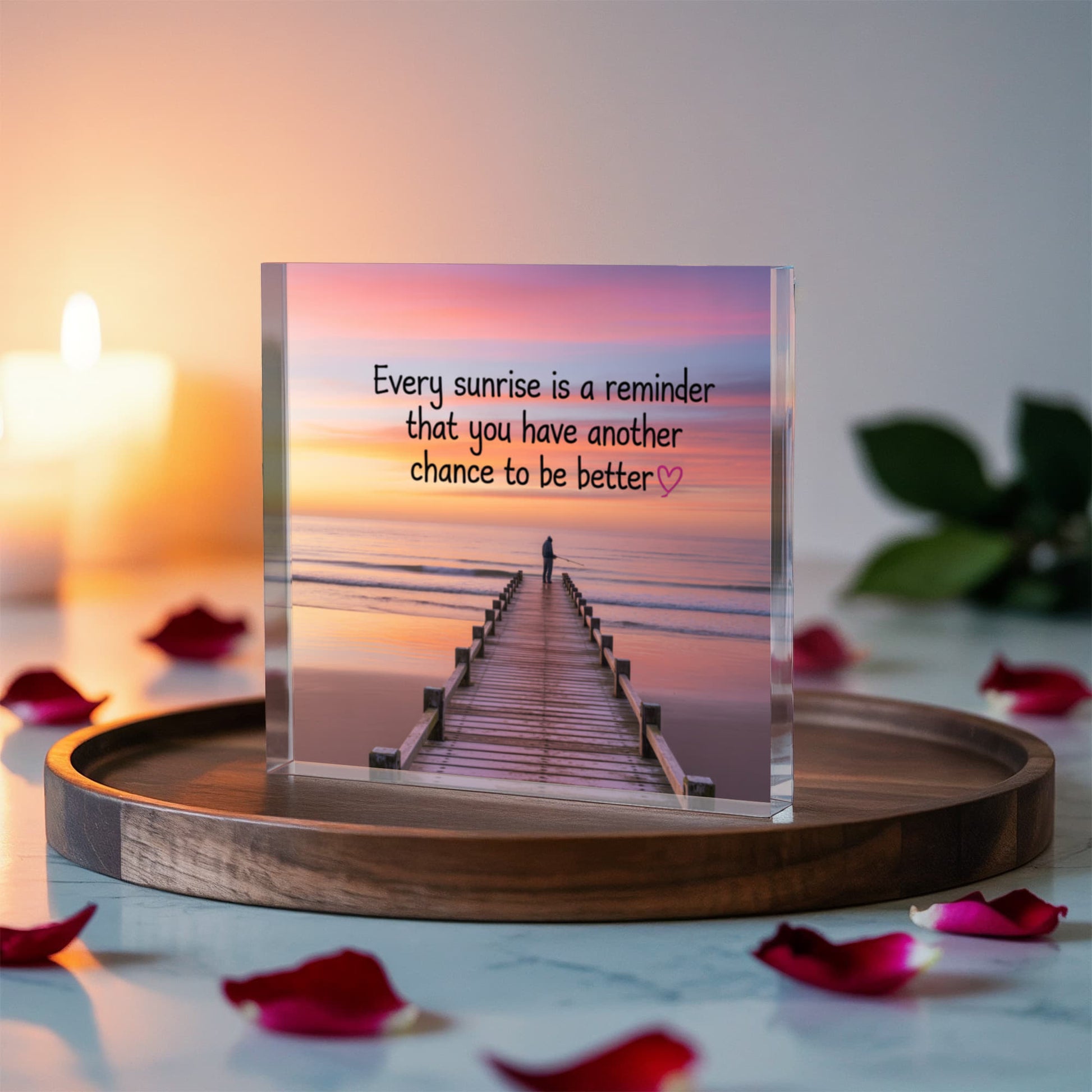 Inspirational acrylic block desk decor with sunrise quote