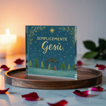 Acrylic block with Mary Joseph and baby Jesus illustration