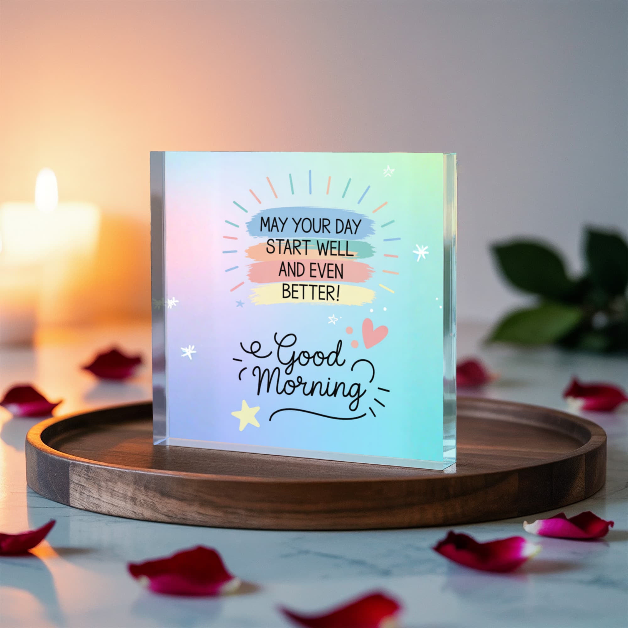Close-up of clear acrylic quote plaque reflecting light beautifully