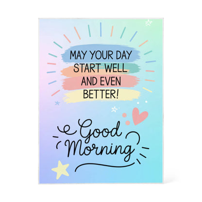 Motivational home décor block displayed on wooden desk beside coffee cup