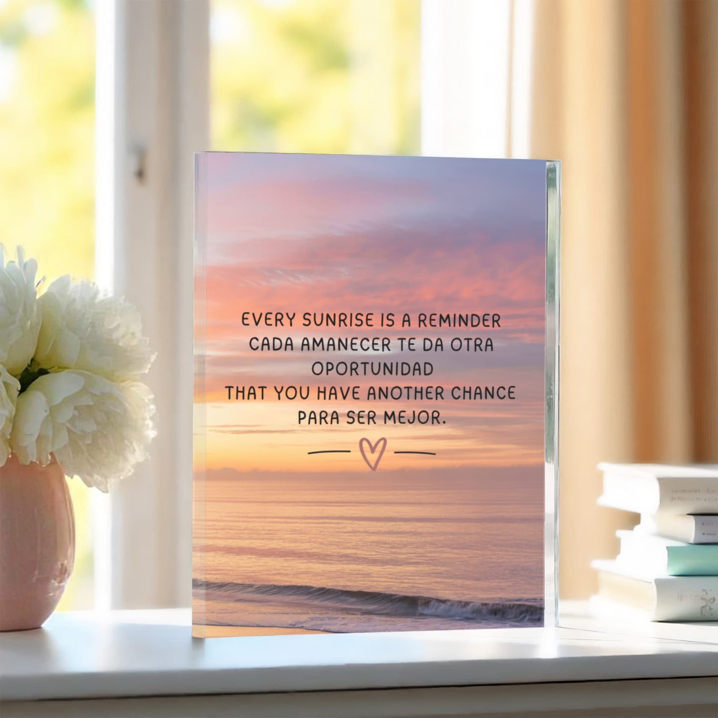 Bilingual inspirational home décor block with sunlight reflection