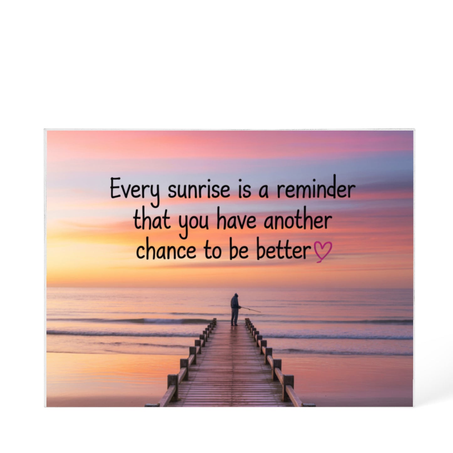Lifestyle photo acrylic block quote on wooden shelf with morning light