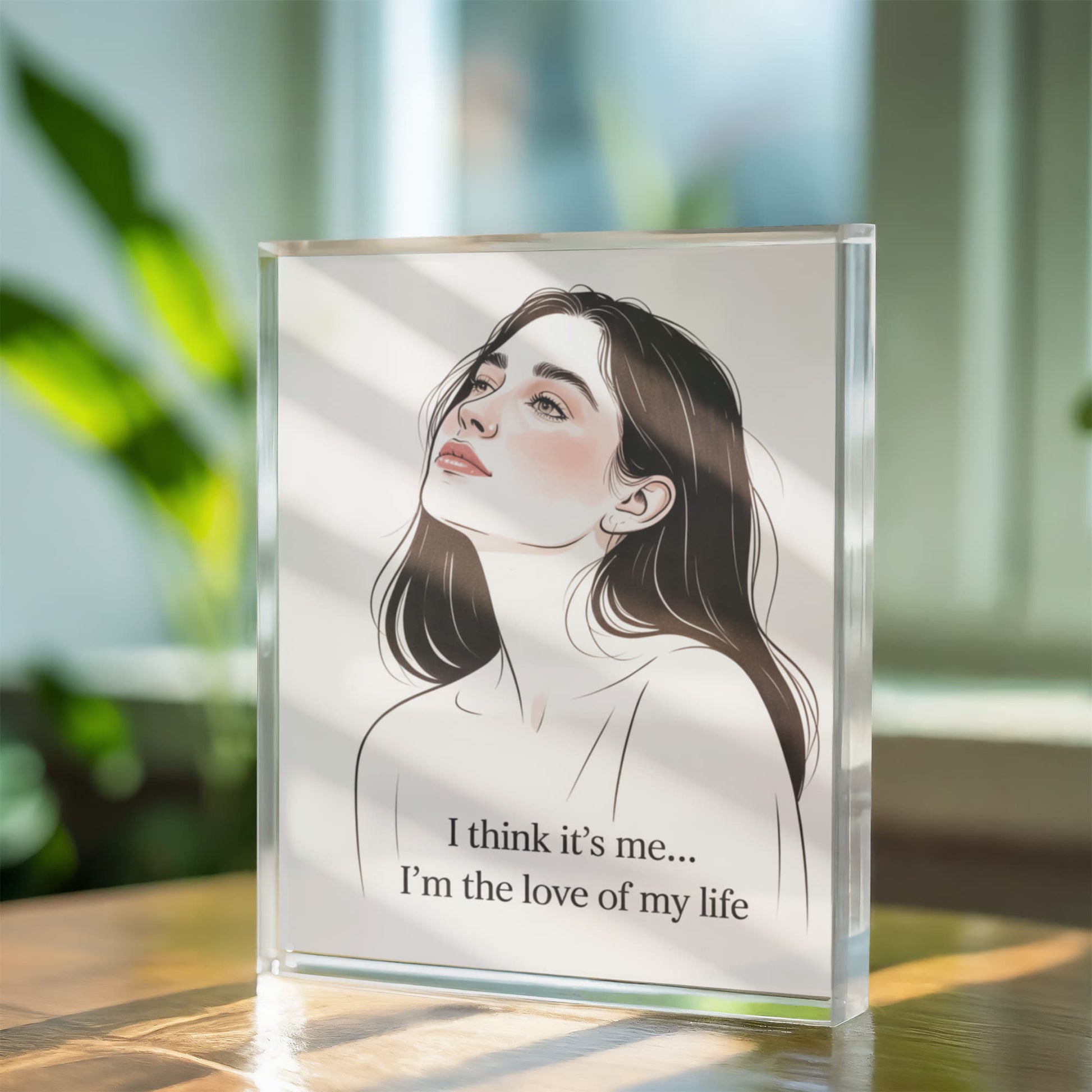 Gift packaging for “I Think It’s Me” acrylic block with tissue wrap