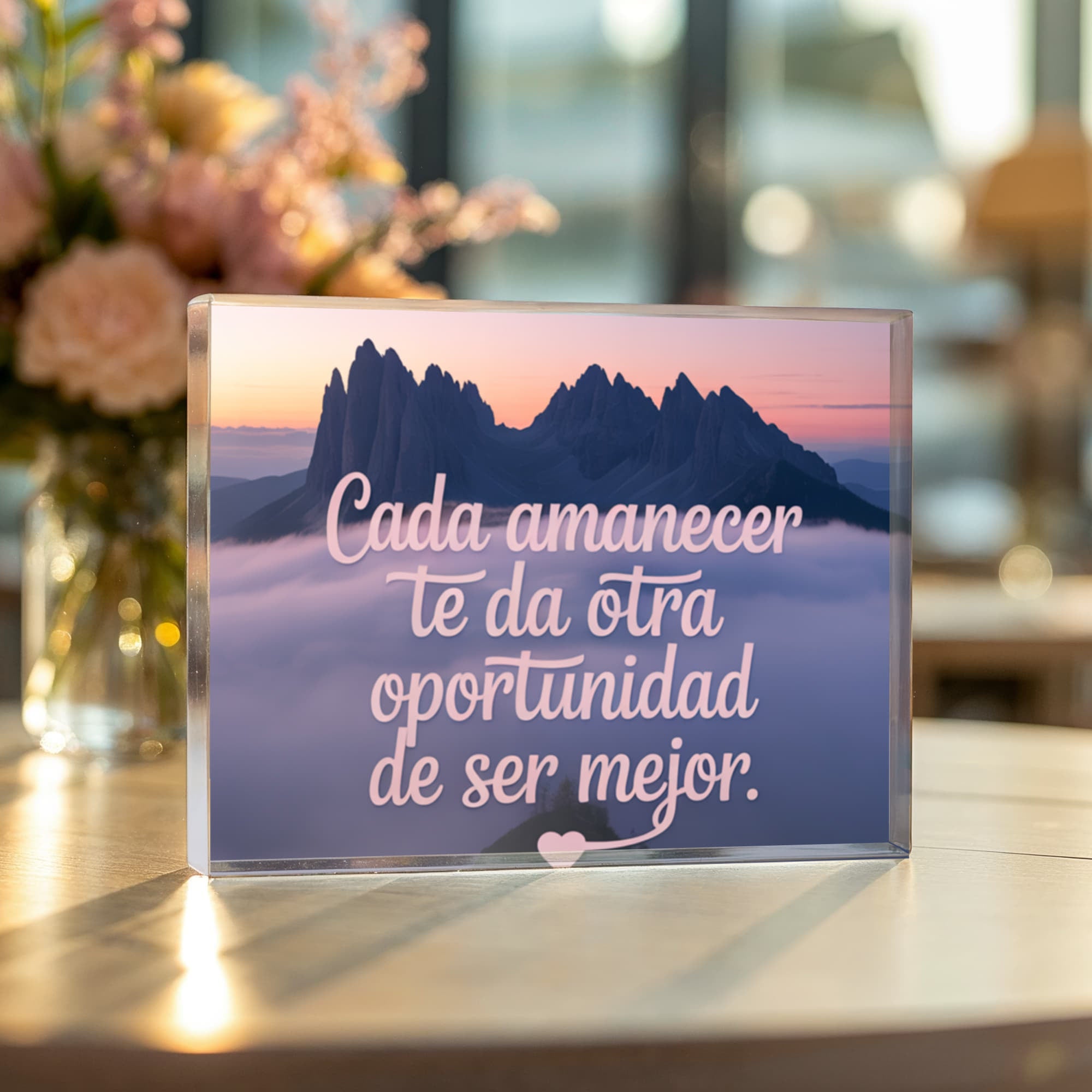 Minimalist Spanish quote home décor with sunlight reflection