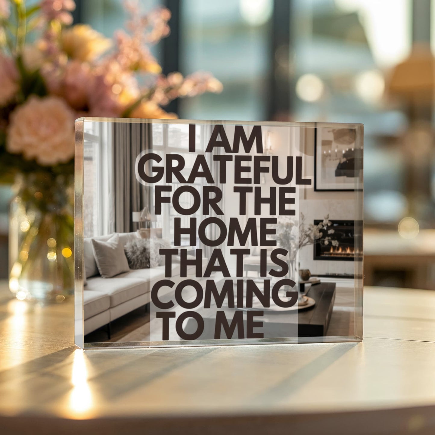 I Am Grateful for the Home That Is Coming to Me Printed Acrylic Block – Manifestation Decor with Positive Affirmation Quote