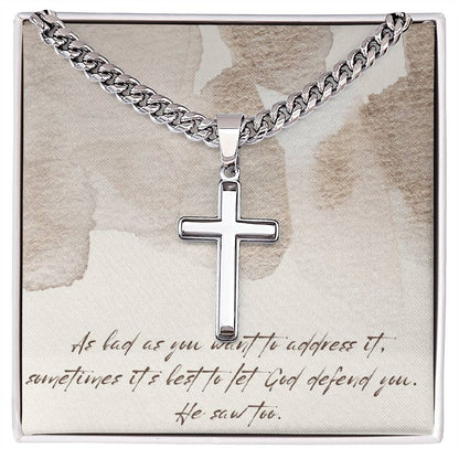 “Let God Defend You” – Artisan Cross Necklace with Cuban Link Chain