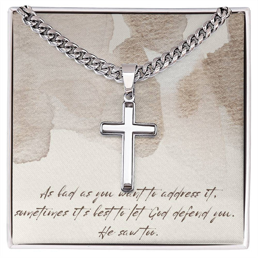 “Let God Defend You” – Artisan Cross Necklace with Cuban Link Chain