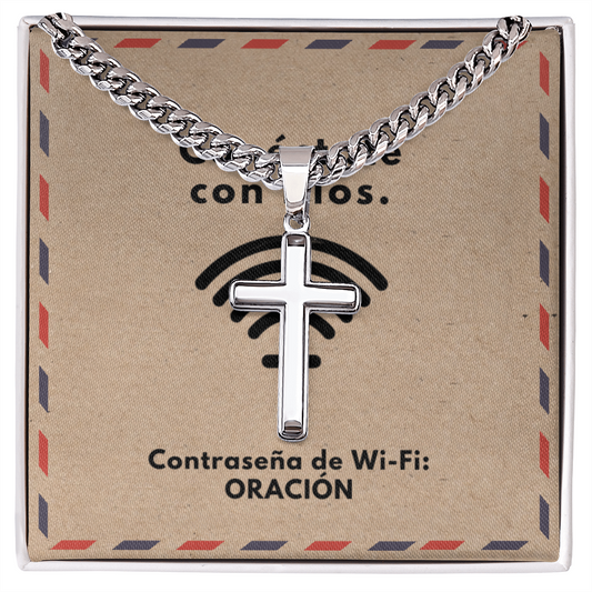 Conéctate con Dios – “WiFi Password: PRAYER” Artisan Cross with Cuban Link Chain | Faith-Inspired Men's Necklace