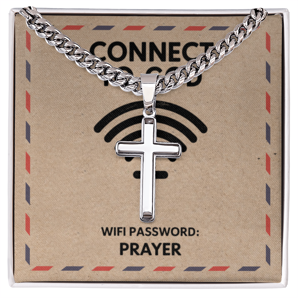 “Connect to God – WiFi Password: PRAYER” Cuban link cross necklace