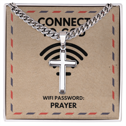 “Connect to God – WiFi Password: PRAYER” Cuban link cross necklace