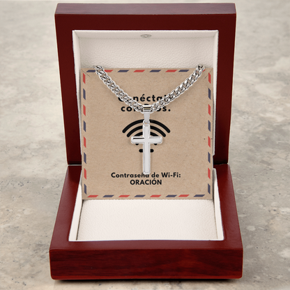 Conéctate con Dios – “WiFi Password: PRAYER” Artisan Cross with Cuban Link Chain | Faith-Inspired Men's Necklace