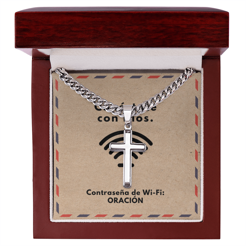 Conéctate con Dios – “WiFi Password: PRAYER” Artisan Cross with Cuban Link Chain | Faith-Inspired Men's Necklace