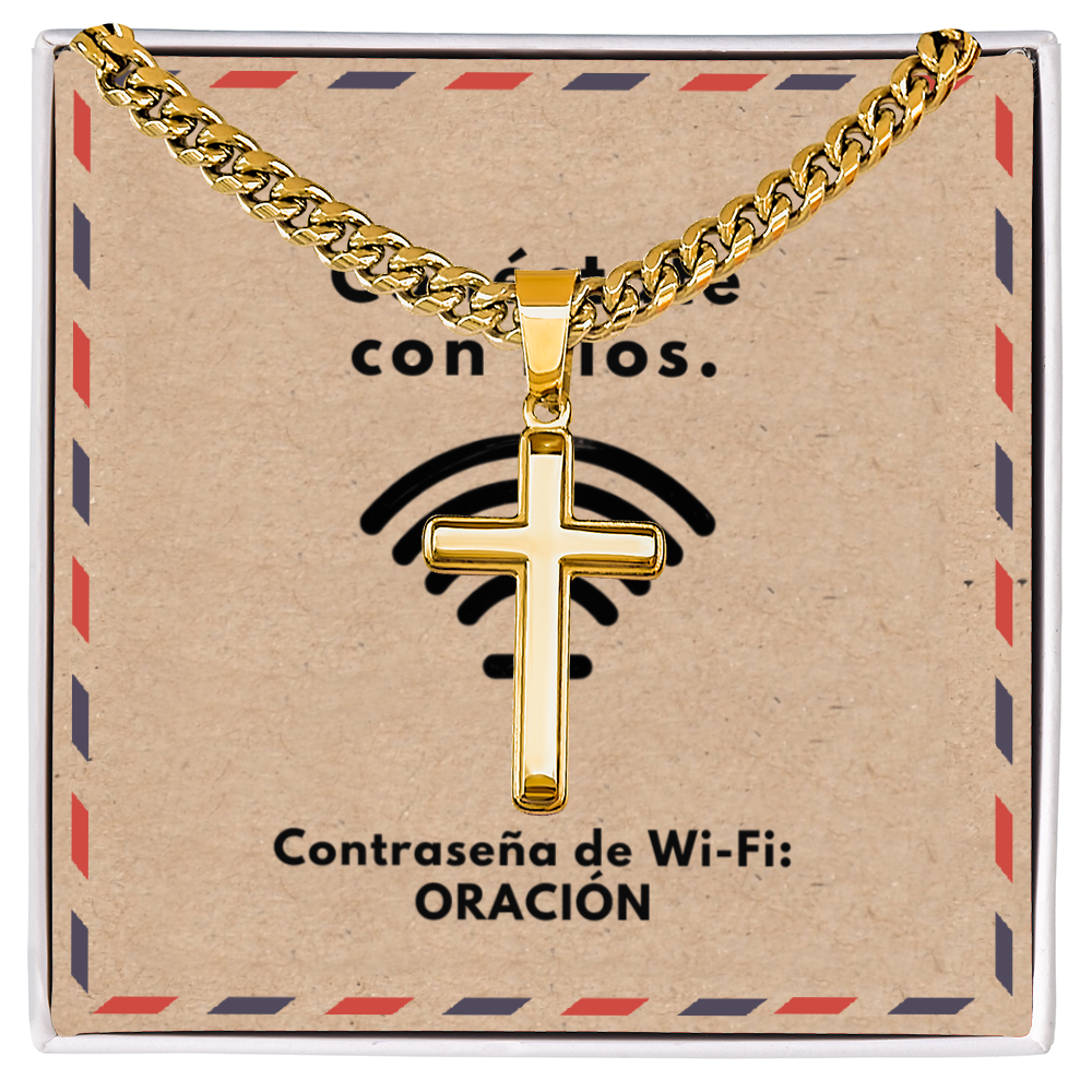 Conéctate con Dios – “WiFi Password: PRAYER” Artisan Cross with Cuban Link Chain | Faith-Inspired Men's Necklace