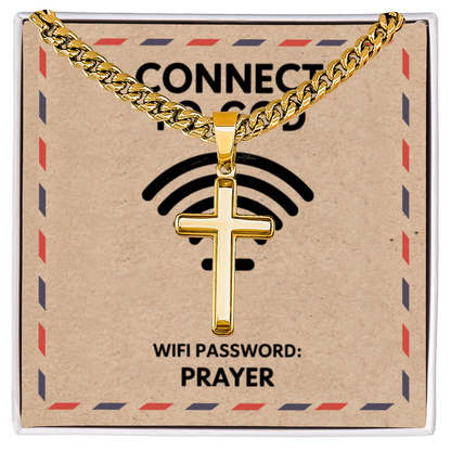 Close-up of polished cross pendant symbolizing spiritual connection