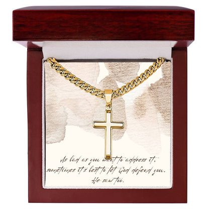“Let God Defend You” – Artisan Cross Necklace with Cuban Link Chain