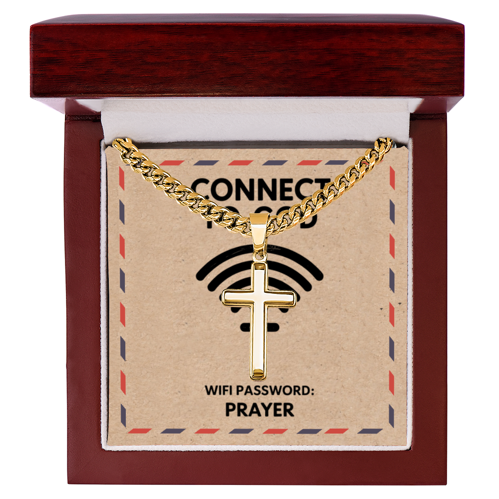 18k gold Cuban link cross necklace representing faith and devotion