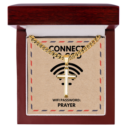 18k gold Cuban link cross necklace representing faith and devotion