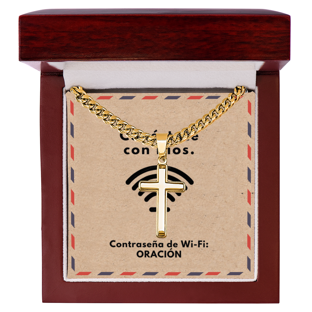 Conéctate con Dios – “WiFi Password: PRAYER” Artisan Cross with Cuban Link Chain | Faith-Inspired Men's Necklace