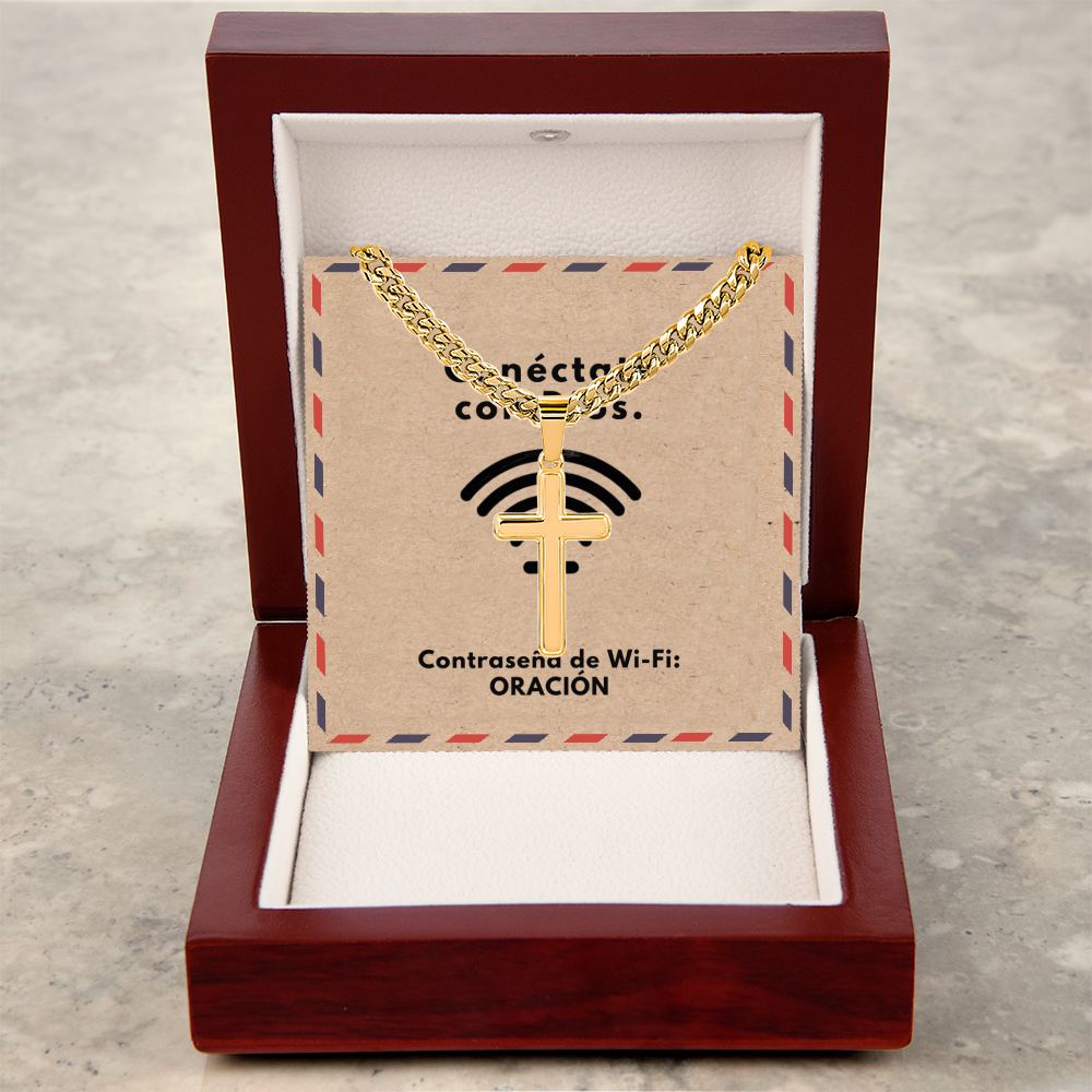Conéctate con Dios – “WiFi Password: PRAYER” Artisan Cross with Cuban Link Chain | Faith-Inspired Men's Necklace