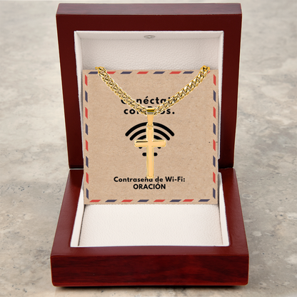 Conéctate con Dios – “WiFi Password: PRAYER” Artisan Cross with Cuban Link Chain | Faith-Inspired Men's Necklace