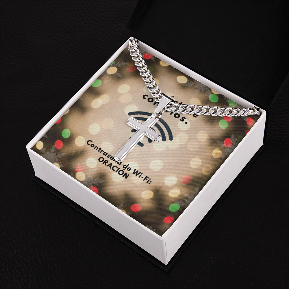 Conéctate con Dios – “WiFi Password: PRAYER” Christmas Cross with Cuban Link Chain | Faith Gift for Him