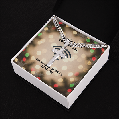 Conéctate con Dios – “WiFi Password: PRAYER” Christmas Cross with Cuban Link Chain | Faith Gift for Him