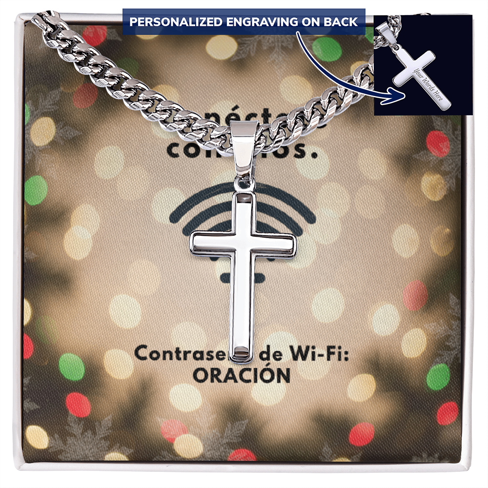 Conéctate con Dios – “WiFi Password: PRAYER” Christmas Cross with Cuban Link Chain | Faith Gift for Him
