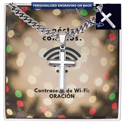 Conéctate con Dios – “WiFi Password: PRAYER” Christmas Cross with Cuban Link Chain | Faith Gift for Him
