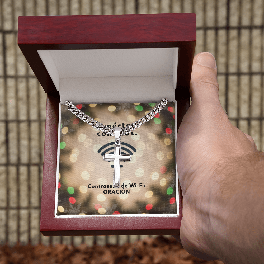 Conéctate con Dios – “WiFi Password: PRAYER” Christmas Cross with Cuban Link Chain | Faith Gift for Him