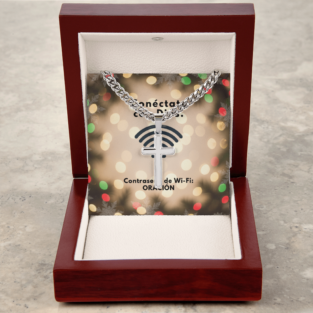 Conéctate con Dios – “WiFi Password: PRAYER” Christmas Cross with Cuban Link Chain | Faith Gift for Him