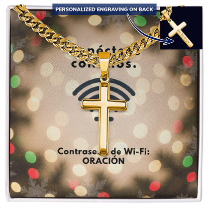 Conéctate con Dios – “WiFi Password: PRAYER” Christmas Cross with Cuban Link Chain | Faith Gift for Him