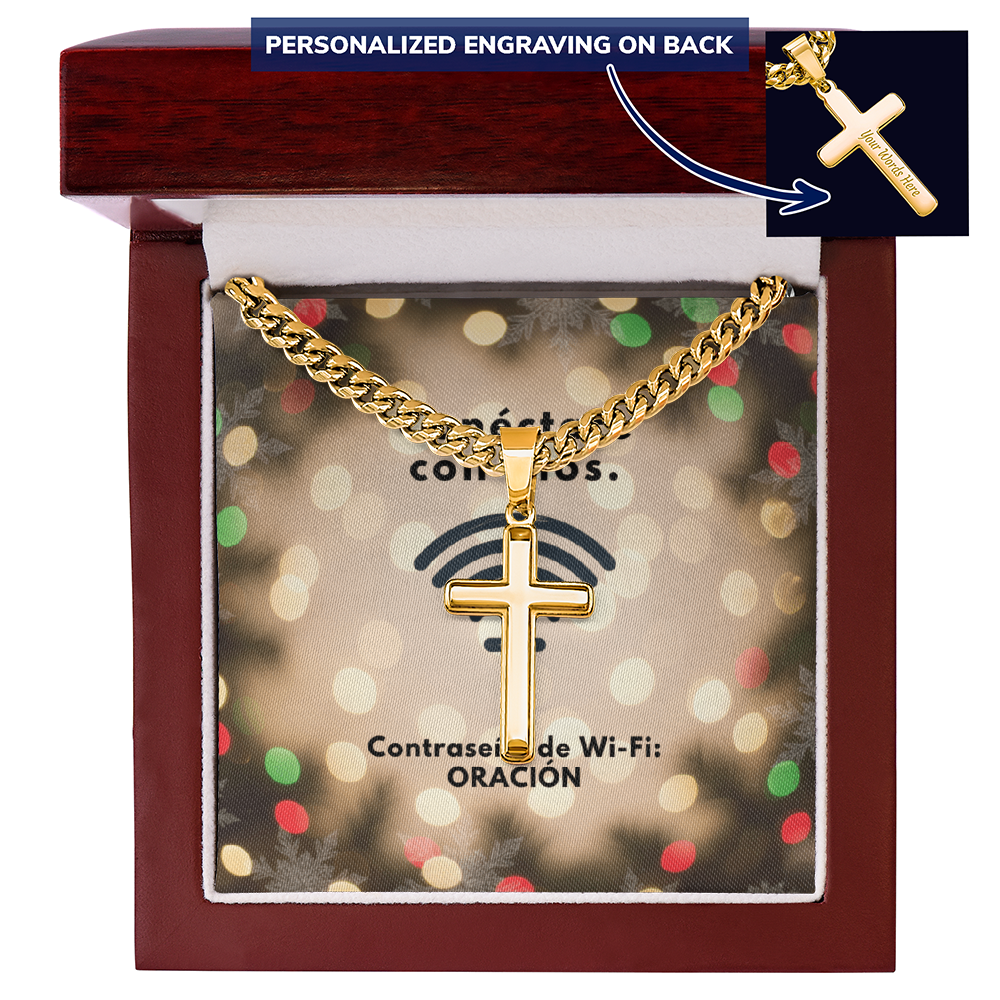 Conéctate con Dios – “WiFi Password: PRAYER” Christmas Cross with Cuban Link Chain | Faith Gift for Him