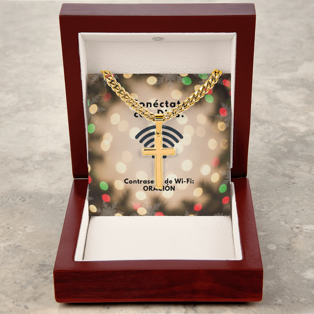 Conéctate con Dios – “WiFi Password: PRAYER” Christmas Cross with Cuban Link Chain | Faith Gift for Him