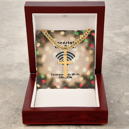 Conéctate con Dios – “WiFi Password: PRAYER” Christmas Cross with Cuban Link Chain | Faith Gift for Him