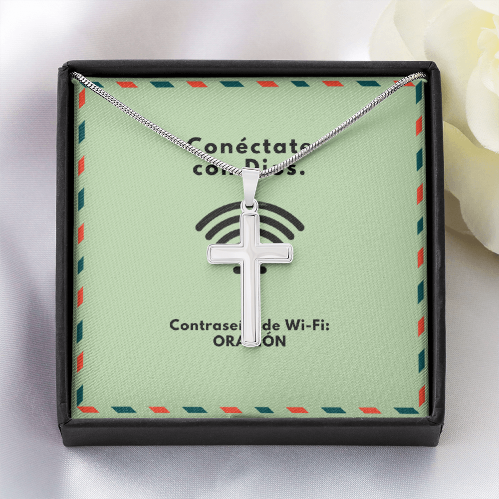 Conéctate con Dios – “WiFi Password: PRAYER” Artisan Cross Necklace | Faith & Prayer Jewelry Gift