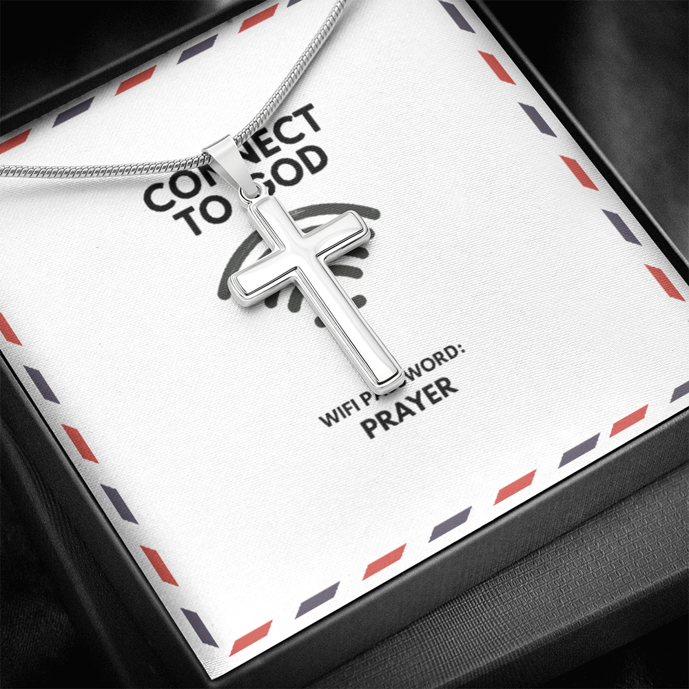 Connect to God — “WiFi Password: PRAYER” Artisan Cross Necklace, Modern Faith Jewelry Gift for Men & Women