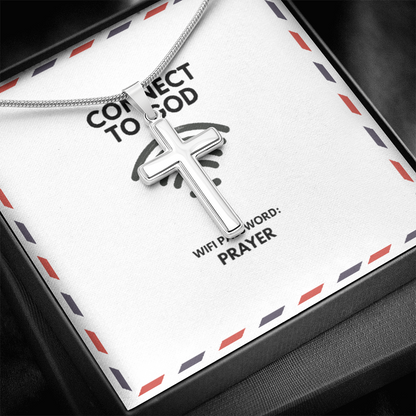 Connect to God — “WiFi Password: PRAYER” Artisan Cross Necklace, Modern Faith Jewelry Gift for Men & Women