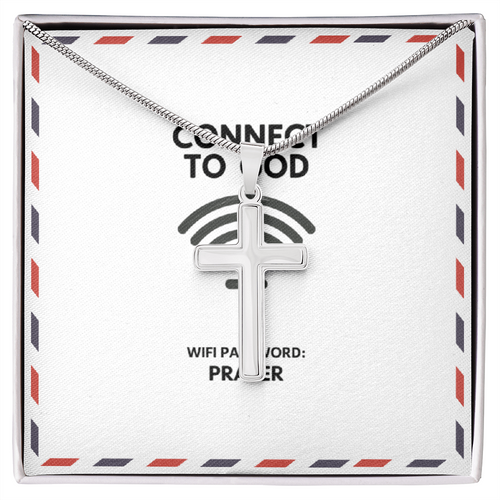 “Connect to God – WiFi Password: PRAYER” artisan cross necklace