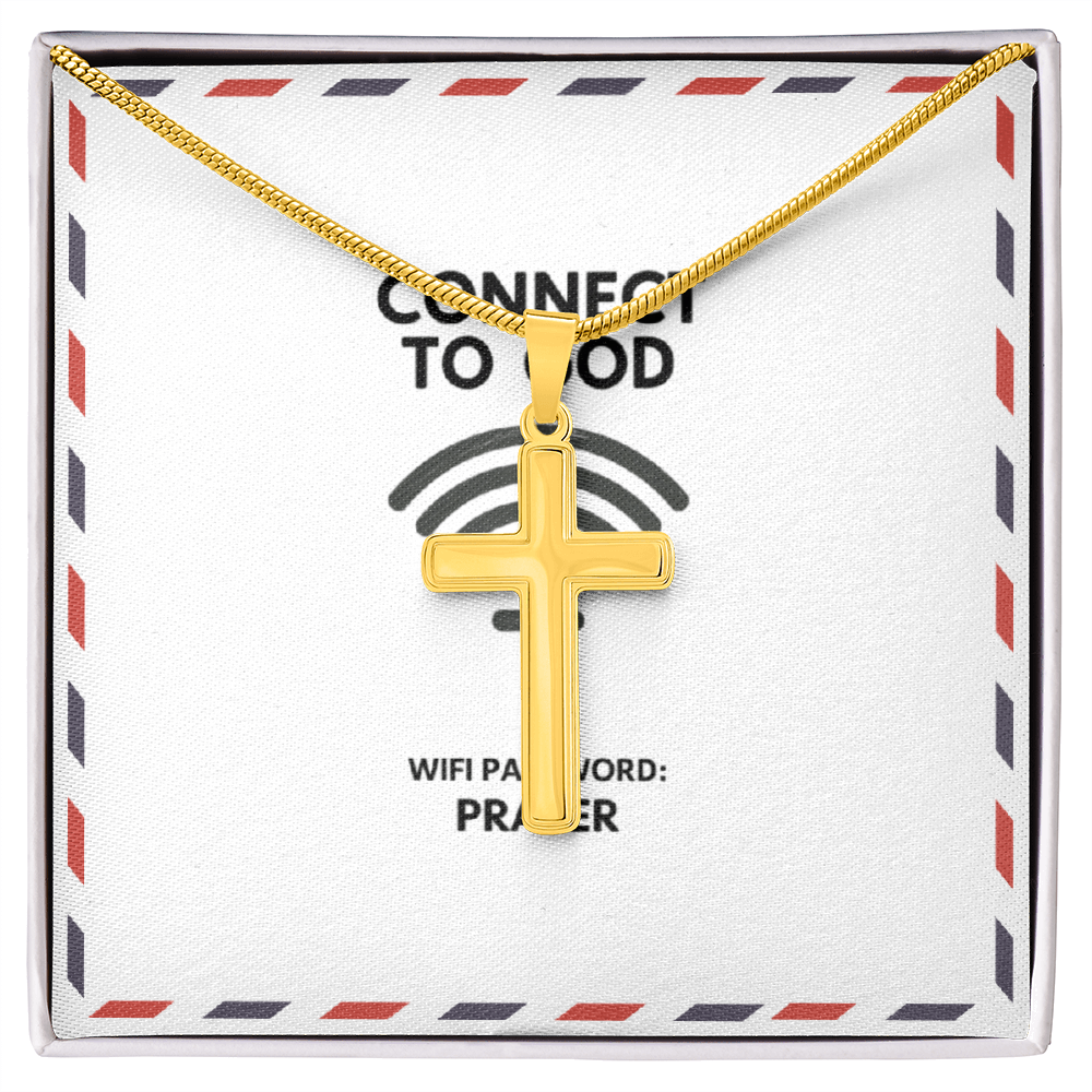 Polished cross necklace reflecting light on neutral background