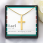Elegant 18k gold cross pendant with Lael meaning card