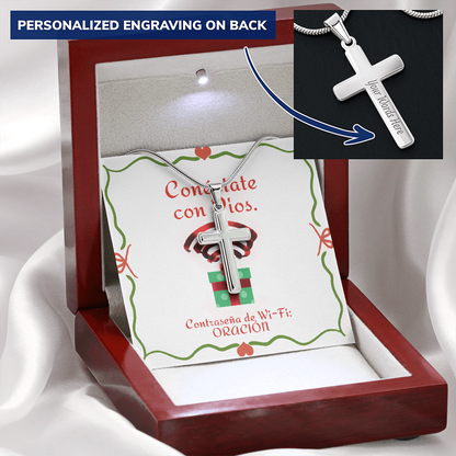 Conéctate con Dios – “WiFi Password: PRAYER” Christmas Personalized Cross Necklace | Faith Gift for the Holidays