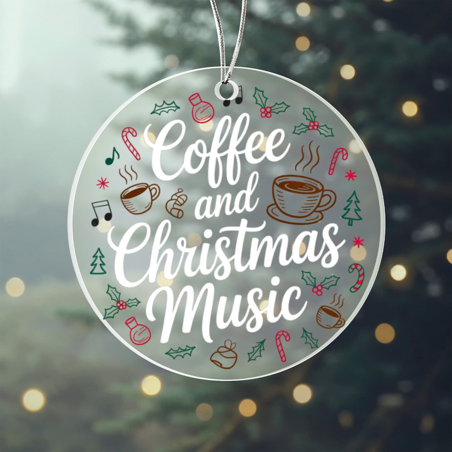 Coffee and Christmas Music Acrylic Ornament – Festive Holiday Decoration for Coffee Lovers