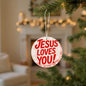 Glossy acrylic Jesus Loves You ornament with silver cord