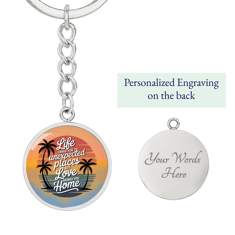 California Sunset Keychain “Love Brings You Home” Circle Keychain | California Beach Gift | Inspirational Graphic Keychain