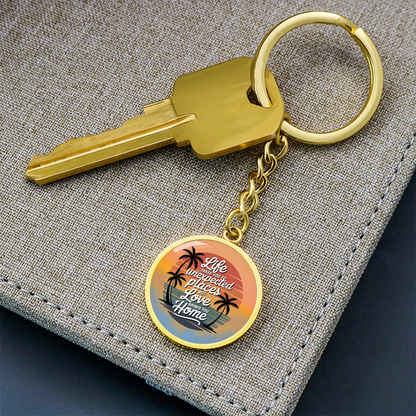 California Sunset Keychain “Love Brings You Home” Circle Keychain | California Beach Gift | Inspirational Graphic Keychain