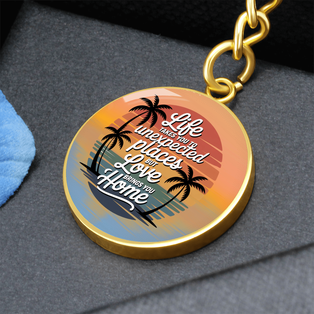 California Sunset Keychain “Love Brings You Home” Circle Keychain | California Beach Gift | Inspirational Graphic Keychain