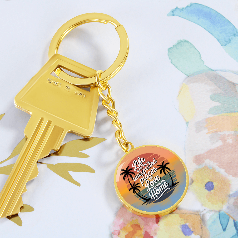 California Sunset Keychain “Love Brings You Home” Circle Keychain | California Beach Gift | Inspirational Graphic Keychain