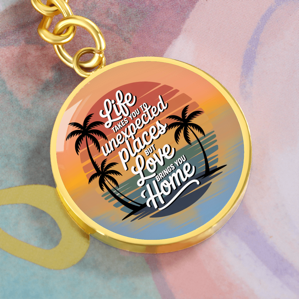 California Sunset Keychain “Love Brings You Home” Circle Keychain | California Beach Gift | Inspirational Graphic Keychain