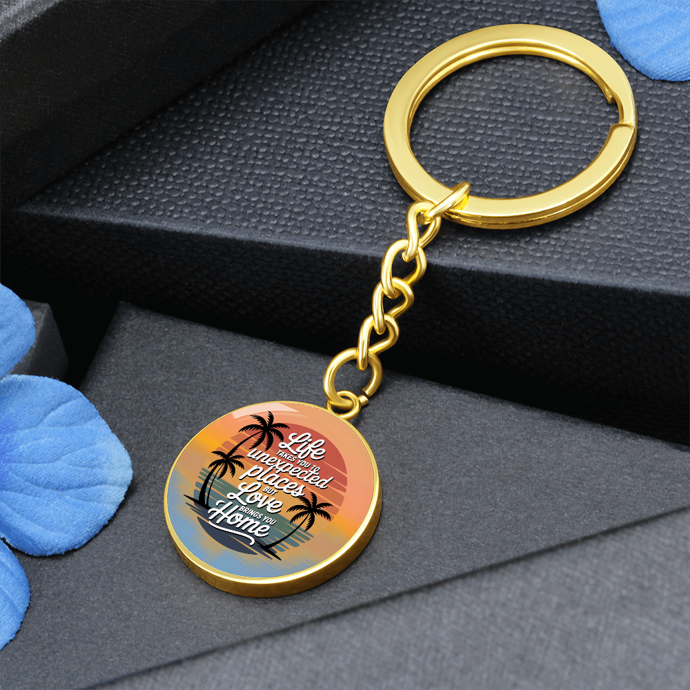 California Sunset Keychain “Love Brings You Home” Circle Keychain | California Beach Gift | Inspirational Graphic Keychain